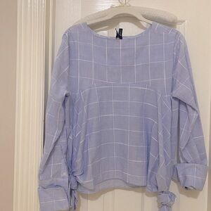 NEW Baby Blue French Ties Blouse; Versatile Tuck in with Stripe Design; Small